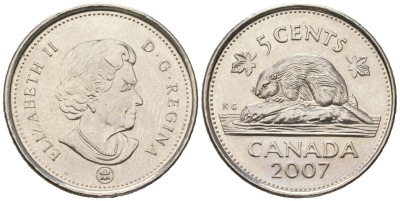 Канада 5 центов 2007 Leaf, Елизавета II (1952-2022), бобер KM 491 сталь плакированный никелем UNC 4381-557