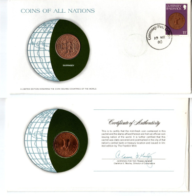 Гернси 2 пенса 1979 конверт с маркой первого дня гашения, Coins of Nations KM 28 бронза UNC 4295-13-3