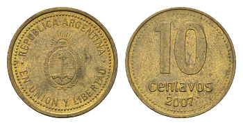 Аргентина 10 сентаво 2007 KM 107a сталь плакированная латунью 4702-531