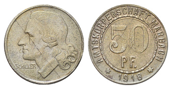 Марбах-на-Неккаре 50 пфеннигов 1918 Фридрих Шиллер Funck 316.1A, Men05 16251.1, Men18 20385.1 железо 4707-1213