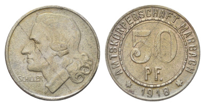 Марбах-на-Неккаре 50 пфеннигов 1918 Фридрих Шиллер Funck 316.1A, Men05 16251.1, Men18 20385.1 железо 4707-1213