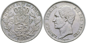 Бельгия 5 франков 1850 Леопольд I (1831-1865) KM 17 серебро    00-1067-9-52