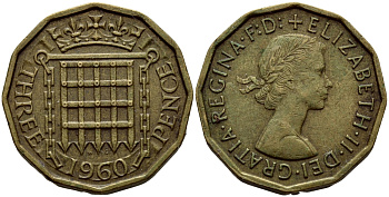 Великобритания 3 пенса 1960 Елизавета II (1952-2022) KM 900, Spink 4153 никель латунь 36-1246