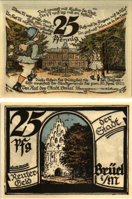 БРЮЭЛЬ 25 ПФЕННИГОВ 1922 НОТГЕЛЬД, МАЙ 1922 - 30 АПРЕЛЯ 1922, ЗЕМЛЯ МЕКЛЕНБУРГ-ПЕРЕДНЯЯ ПОМЕРАНИЯ Grabowski 191.1 бумага 8608-10-1-2