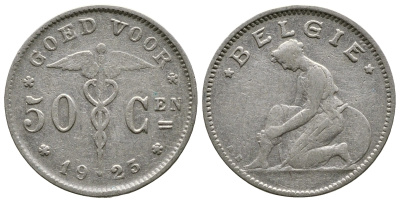 БЕЛЬГИЯ 50 САНТИМОВ 1923 BELGIE KM 88 никель 4379-326