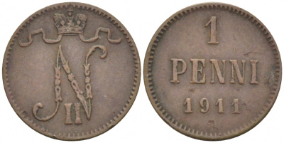 Россия для Финляндии 1 пенни 1911 Николай II (1894-1917) KM 13, Биткин 471 медь 4396-1347