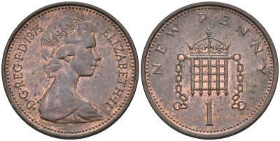 Великобритания 1 пенни 1975 Елизавета II (1952-2022) KM 915, Spink 4237 (B1) бронза 4115-669