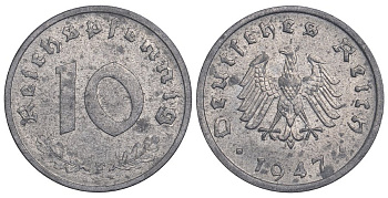 Германия 10 рейхспфеннигов 1947 F, оккупация Германии союзными войсками J. 375, KM A104 цинк aUNC 11-264-54