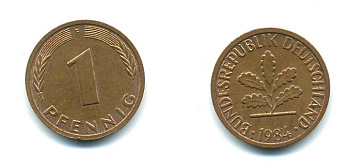 ФРГ 1 ПФЕННИГ 1984 F KM 105, J.380 сталь плакированная медью 54-1158