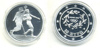 Греция 10 евро 2004 XXVIII летние Олимпийские игры 2004 года в Афинах, гандбол KM 205 серебро PROOF 02-104-25