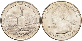 США 25 центов = квотер 2011 D, серия национальные парки, национальный парк Геттисберг KM 494 медь плакированная медно-никелем UNC M31-4