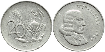 ЮАР 20 ЦЕНТОВ 1966 SUID, ЯН ВАН РИБЕК (1619-1677), ГОЛАНДСКИЙ ИССЛЕДОВАТЕЛЬ , МОРЕПЛАВАТЕЛЬ, ОСНОВАТЕЛЬ Г. КЕЙПТАУНА, ЦВЕТОК ПРОТЕЯ, АФРИКАНСКАЯ ЛЕГЕНДА KM 69.2 никель 72-423