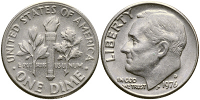 США 10 ЦЕНТОВ = 1 ДАЙМ 1976 D, РУЗВЕЛЬТ KM 195а медь плакированная медно-никелем 53-561