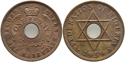 Нигерия 1 пенни 1959 Елизавета II (1952-), Британский протекторат KM 2 бронза 51-1836