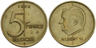 Бельгия 5 франков 1994 Belgique KM 189 алюминиевая бронза 4138-236