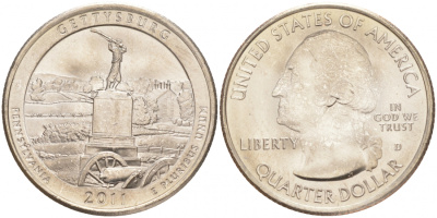 США 25 центов = квотер 2011 D, серия национальные парки, национальный парк Геттисберг KM 494 медь плакированная медно-никелем UNC M31-4