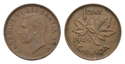 Канада 1 цент 1949 Георг VI (1936-1952), кленовый лист KM 41 бронза 4611-444