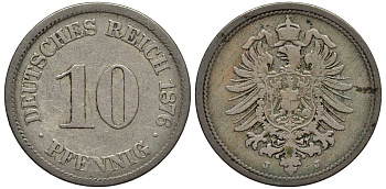 Германия 10 пфеннигов 1876 J, старогербовка KM 4, Jager 4, Weege 7 медно-никель 4543-543