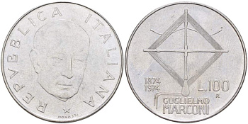ИТАЛИЯ 100 ЛИР 1974 R, 100 ЛЕТ СО ДНЯ РОЖДЕНИЯ МАРКОНИ KM 102 нержавеющая сталь 4531-123