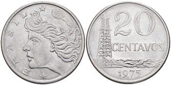 Бразилия 20 сентаво 1975 голова свободы влево KM 579.1a, Schon 84b нержавеющая сталь 219-831