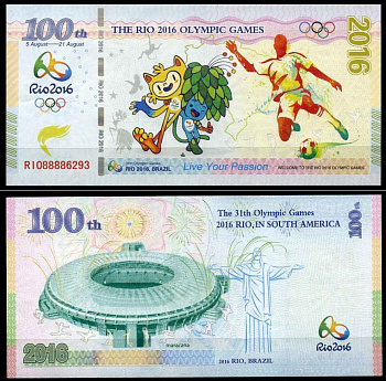 Бразилия 100 единиц 2016 талисманы, футбол, рекламная бона Олимпиады 2016 в Рио де Женейро бумага UNC (пресс) 000-00-00