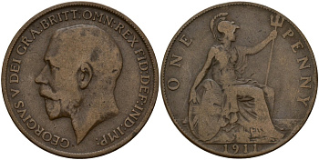 Великобритания 1 пенни 1911 Георг V (1910-1936) KM 810, Spink 4051 бронза 4157-144