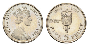 Гибралтар 5 пенсов 2004 300 лет захвату Гибралтара KM 1049 медно-никель UNC 4668-521