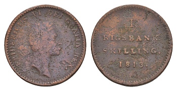 Дания 1 ригсбанкскиллинг 1813 год-тип KM 680 медь 4655-523