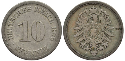 Германия 10 пфеннигов 1876 J, старогербовка KM 4, Jager 4, Weege 7 медно-никель 4543-543