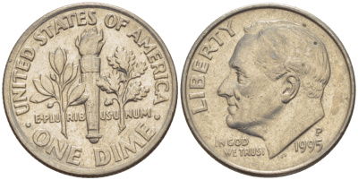 США 10 ЦЕНТОВ = 1 ДАЙМ 1995 P, РУЗВЕЛЬТ KM 195а медь плакированная медно-никелем 66-1132