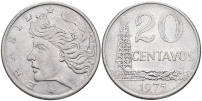 Бразилия 20 сентаво 1975 голова свободы влево KM 579.1a, Schon 84b нержавеющая сталь 219-831