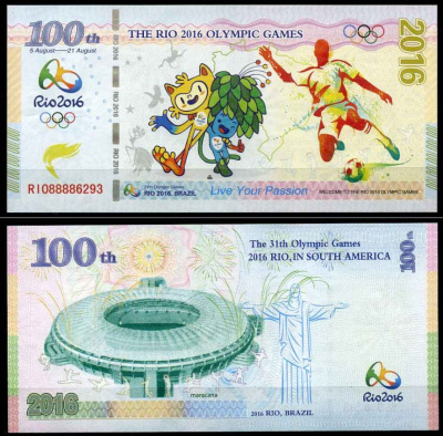 Бразилия 100 единиц 2016 талисманы, футбол, рекламная бона Олимпиады 2016 в Рио де Женейро бумага UNC (пресс) 000-00-00