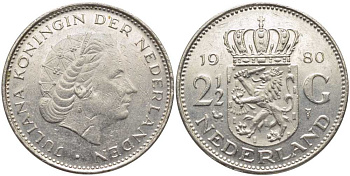 Нидерланды 2 1/2 гульдена 1980 Юлиана (1948-1980) KM 191 никель 109-1126