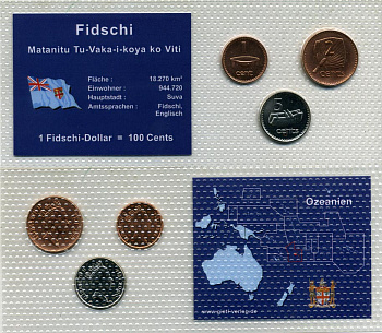 Фиджи набор из 3 монет 2000 - 2006 1, 2, 5 центов, в запайке KM 51а, 49а, 50а   UNC  7-4-1-50