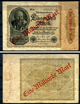 Германия 1000000000 марок 1923 красная диагональная, двухсторонняя надпечатка на 1000 марок 1922, бумага белая, водяной знак 1001 Pick 113 a (3) бумага 8589-56-2-2