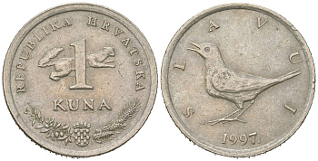 Хорватия 1 куна 1997 западный соловей, легенда на хорватском KM 9.1 медь цинк никель 4448-532