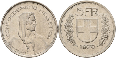 Швейцария 5 франков 1970 Вильгельм Телль KM 40a медно-никель 4157-342