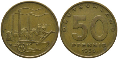 ГДР 50 пфеннигов 1950 A, фабрика KM 4 алюминиевая бронза 206-657