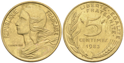 Франция 5 сантимов 1982 тип Марианна KM 933 никель алюминий медь 4594-1139