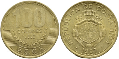 Коста-Рика 100 колон 1997 B.C.C.R. KM 230а латунь 63-846