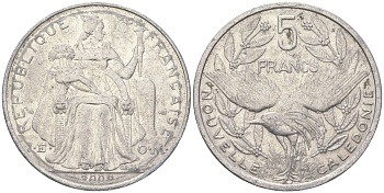 Французская Новая Каледония 5 франков 2009 птица кагу, (IEOM) KM 16, Schoen 12, Lec 81k алюминий 221-845