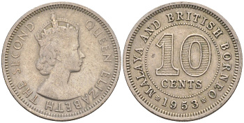 Малайя и Британское Борнео 10 центов 1953 Елизавета II (1952-2022) KM 2 медно-никель 187-321