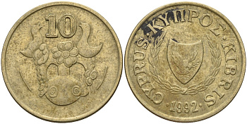 Кипр 10 центов 1992 KM 56.3 никель латунь 4141-1211