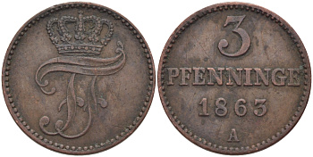 Мекленбург-Шверин 3 пфеннига 1863 А, Фридрих Франц II (1842-1883) Jaeger 56, AKS 48, KM 310 (C101a) медь 100-333