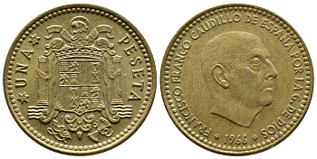 Испания 1 песета 1966 (75) Франциско Франко (1939-1975) КМ 796 алюминиевая бронза 4110-1425