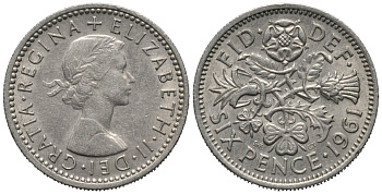 Великобритания 6 пенсов 1961 Елизавета II (1952-2022) KM 903, Spink 4149 медно-никель 192-614