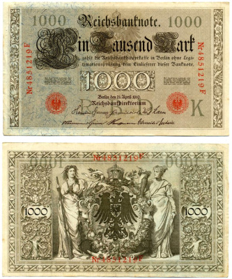 Германия 1000 марок 1910 21 апреля 1910, красная печать, номер семизначный, серия F, буква K, выпуск НОЯБРЬ - ДЕКАБРЬ 1921 Pick 44, Роземберг 45с бумага VF 8606-39-1-2