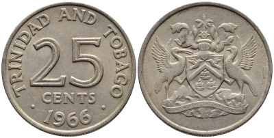 Тринидад и Тобаго 25 центов 1966 герб KM 4 медно-никель 4396-637