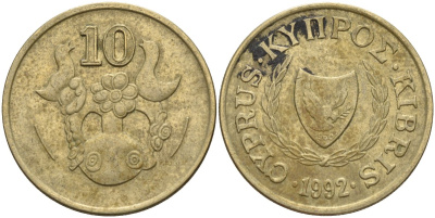 Кипр 10 центов 1992 KM 56.3 никель латунь 4141-1211