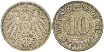 ГЕРМАНИЯ 10 ПФЕННИГОВ 1910 D KM 12, J. 13, Weege 8 медно-никель 212-126